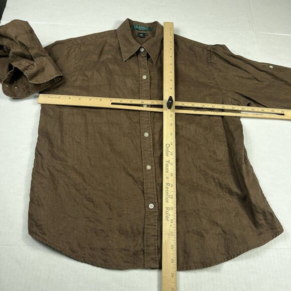Lauren Ralph Lauren Linen Button Down Shirt Brown Collared Long Sleeve Top PM - Picture 7 of 11